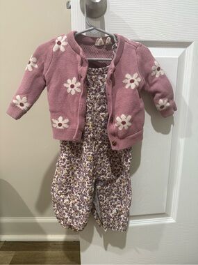 6/12 Baby GAP Purple Floral Knit Cardigan and Floral Overalls Set
